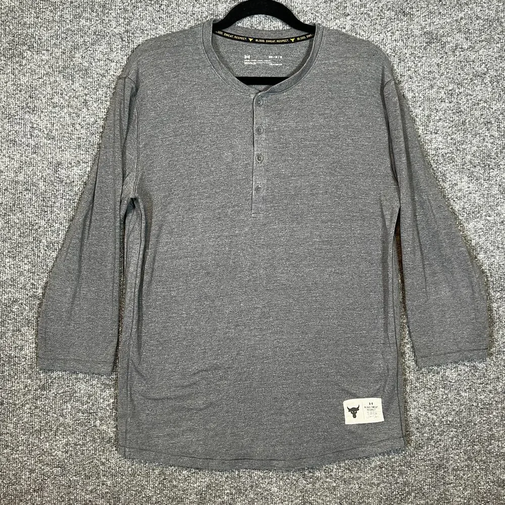Under Armour Project Rock Shirt Mens Medium Gray‎ Henley Tshirt 3/4 Sleeve